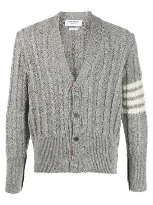 Donegal Twist Cable 4 Bar Classic V Neck Cardigan Light Grey - THOM BROWNE - BALAAN 2