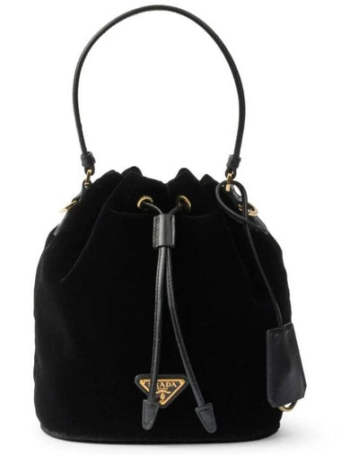 Nappa Leather Detail Velvet Bucket Bag Black - PRADA - BALAAN 1