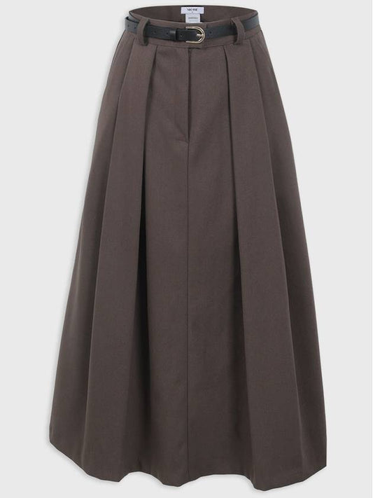 Urbane Pleated Belt Set Long A-Line Skirt Brown - MICANE - BALAAN 1