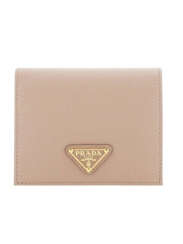 Gold Hardware Triangle Logo Saffiano Half Wallet Pink Beige - PRADA - BALAAN 1