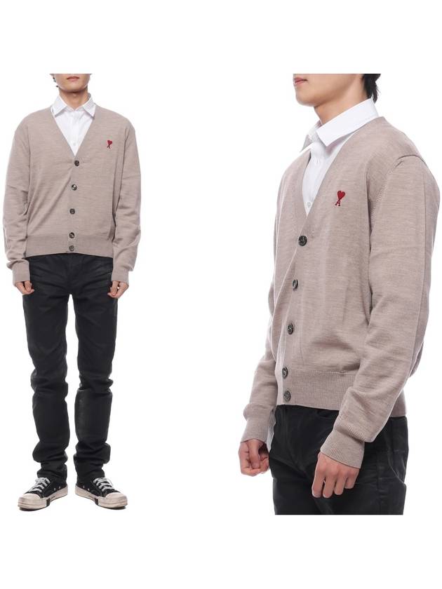 Red Heart Logo Merino Wool Cardigan Beige - AMI - BALAAN 2