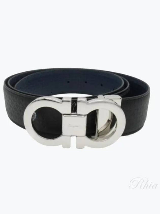 Double Gancini Reversible Leather Belt Black Fiore Blue - SALVATORE FERRAGAMO - BALAAN 2