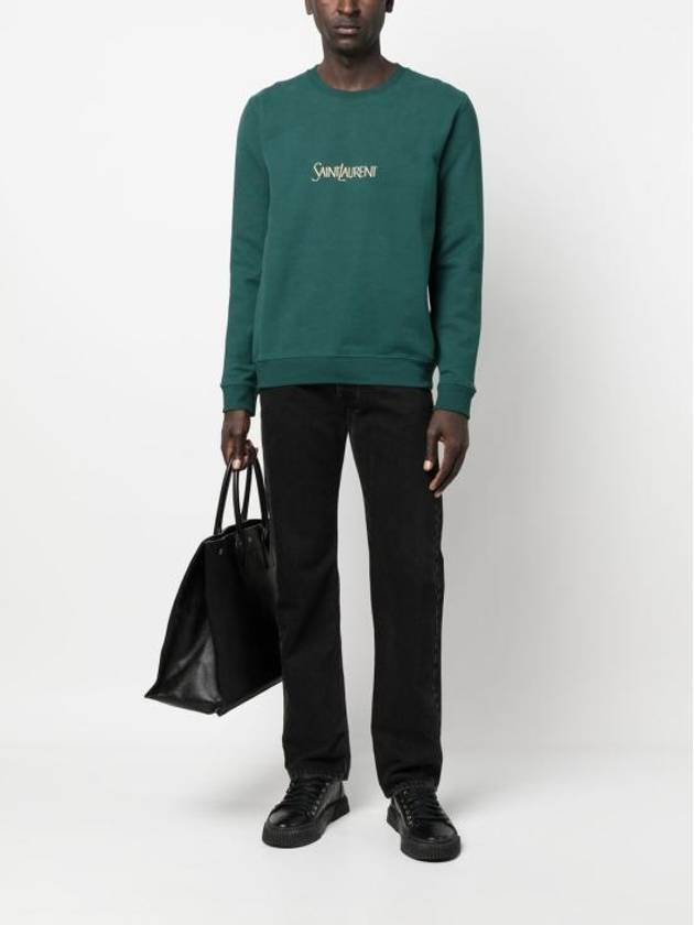 Embroidered Logo Crew Neck Sweatshirt Green - SAINT LAURENT - BALAAN 3