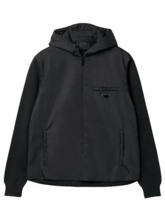 Wool nylon gabardine hoodie black hooded zip up - PRADA - BALAAN 1