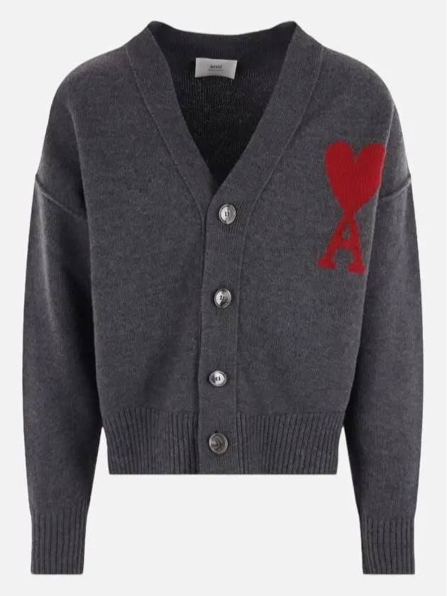 Heart Logo V Neck Wool Cardigan Heather Grey - AMI - BALAAN 3