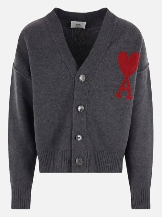 Heart Logo V Neck Wool Cardigan Heather Grey - AMI - BALAAN 2