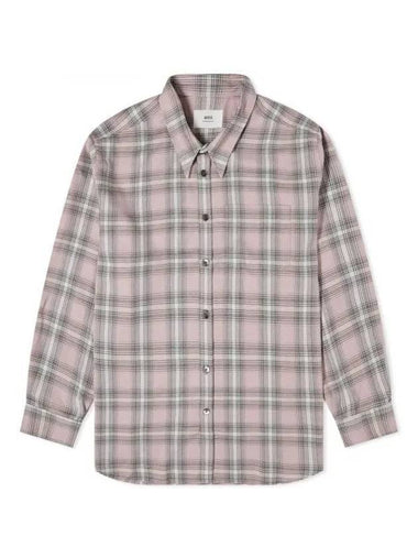 Paris Check Long Sleeve Overshirt Powder Pink - AMI - BALAAN 1