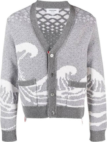 Wave Print Knit Cardigan Grey - THOM BROWNE - BALAAN 1