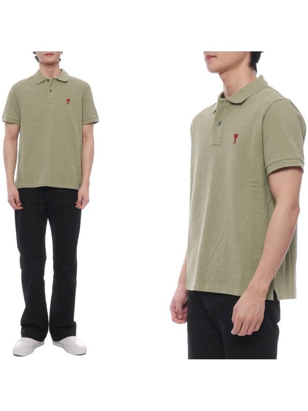 Men's Heart Logo Polo Shirt Heather Sage - AMI - BALAAN 3