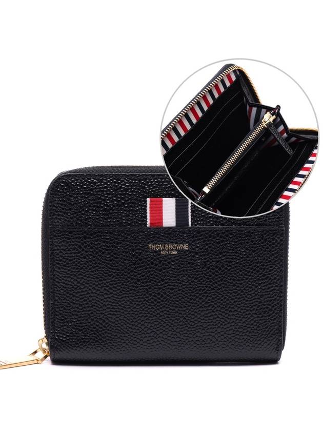 Three Stripes Pebble Grain Zipper Round Half Wallet Black - THOM BROWNE - BALAAN 2