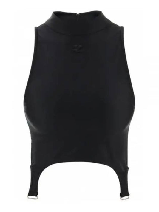 Women's Embroidered Logo Suspender Tech Jersey Sleeveless Black - COURREGES - BALAAN.