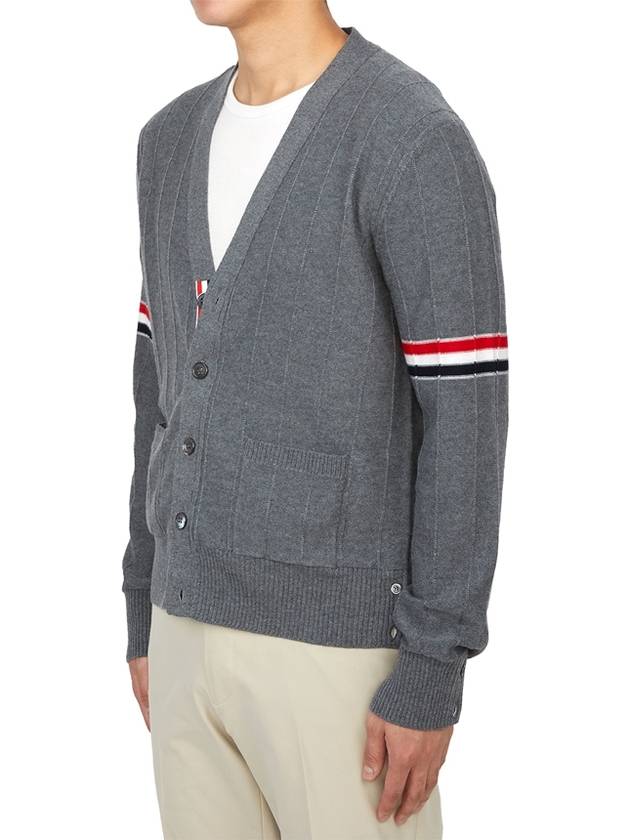 RWB V-neck Striped Virgin Wool Cardigan Grey - THOM BROWNE - BALAAN 4