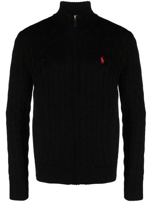 Pony Motif Cable Zipper Knit Cotton Cardigan Black - POLO RALPH LAUREN - BALAAN 1