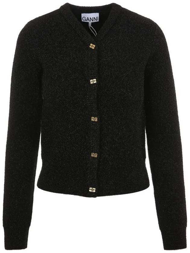 Lamé Ribbed V-Neck Cardigan Black - GANNI - BALAAN 2