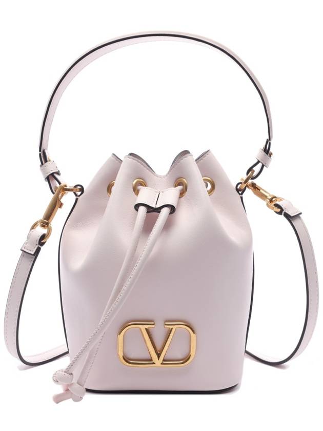 Signature V Logo Leather Small Bucket Bag Light Pink - VALENTINO - BALAAN 3