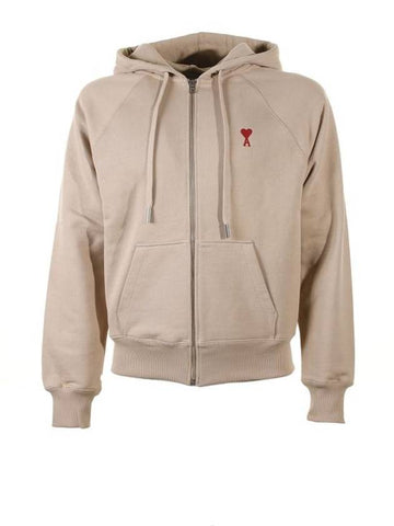 Small Heart Logo Cotton Zip Up Hoodie Champagne - AMI - BALAAN 1