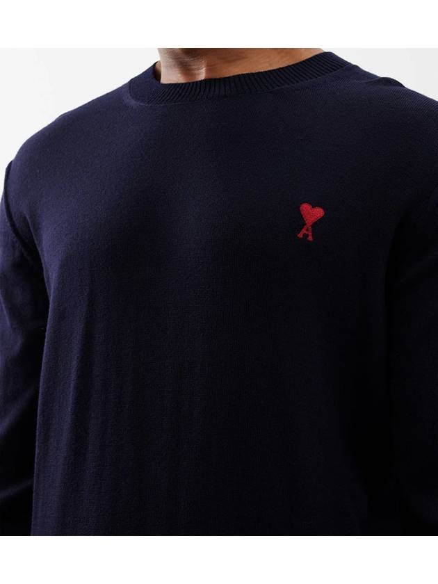 Heart Embroidered Logo Crew Neck Knit Top Navy - AMI - BALAAN 5