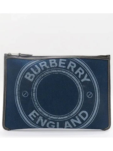 80410321 Blue denim leather trim graphic logo clutch - BURBERRY - BALAAN 1