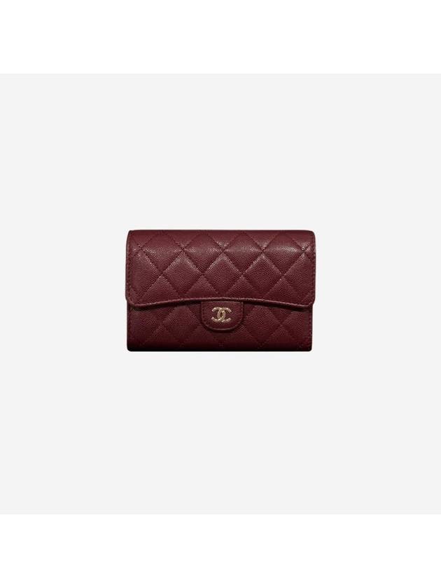 Classic Flap Wallet Grained Shiny Calfskin Gold Metal Burgundy - CHANEL - BALAAN 1