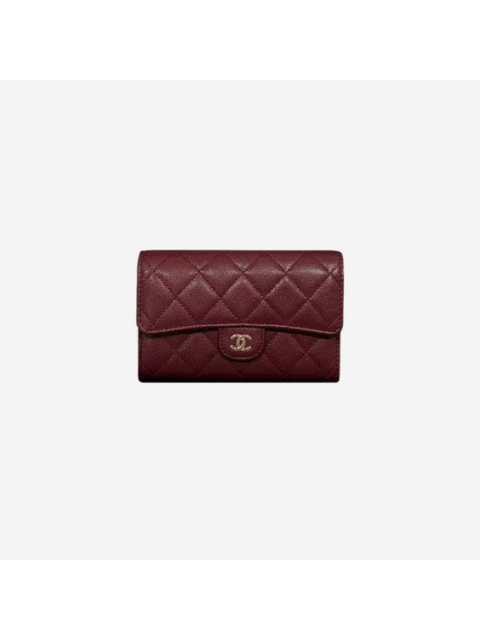 Classic Flap Wallet Grained Shiny Calfskin Gold Metal Burgundy - CHANEL - BALAAN 1