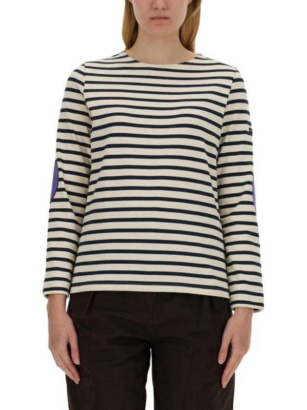 Women's Heart Patch Boat Neck Stripe Long Sleeve T-Shirt Ecru Violet - SAINT JAMES - BALAAN 1