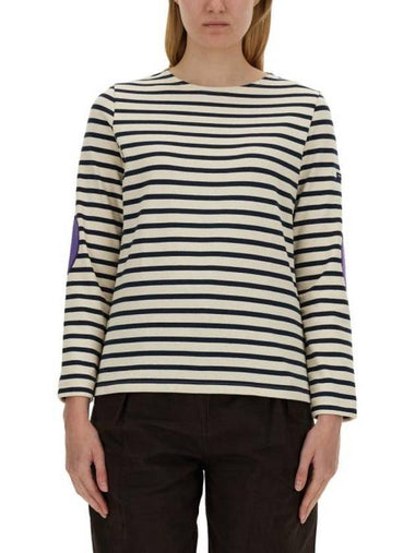 Women's Heart Patch Boat Neck Stripe Long Sleeve T-Shirt Ecru Violet - SAINT JAMES - BALAAN 1