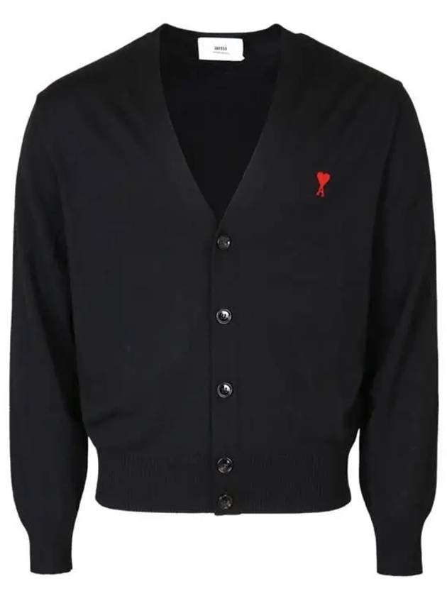 Red Heart Logo Merino Wool Cardigan Black - AMI - BALAAN 4