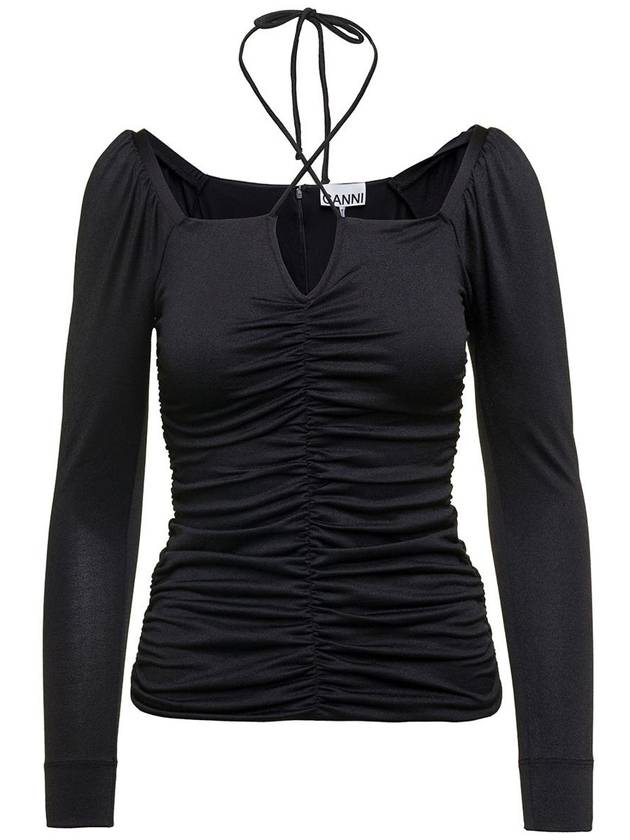 Shiny Crepe Jersey Ruched Blouse Black - GANNI - BALAAN 2