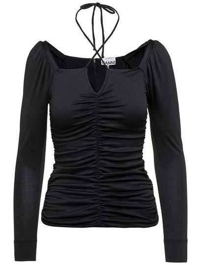 Shiny Crepe Jersey Ruched Blouse Black - GANNI - BALAAN 2