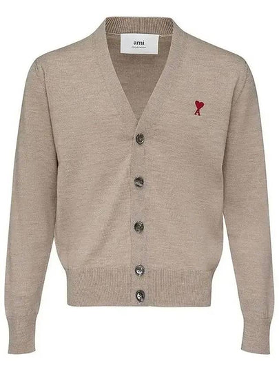 Red Heart Logo Merino Wool Cardigan Beige - AMI - BALAAN 2