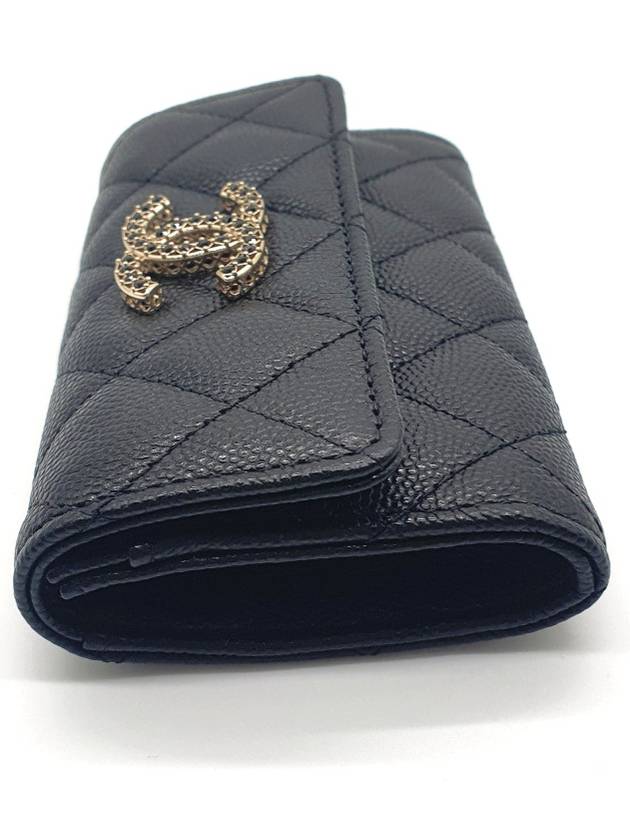 Shiny Grained Calfskin Strass Flap Card Wallet Black - CHANEL - BALAAN 4