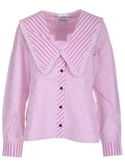 Women's Wide Frill Collar Striped Blouse Moonlight Mauve - GANNI - BALAAN 2