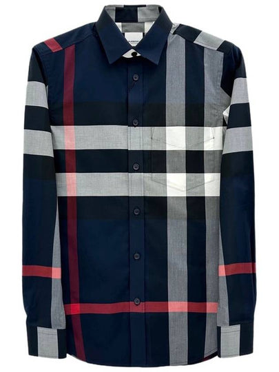 Check Motif Cotton Long Sleeve Shirt Navy - BURBERRY - BALAAN 2