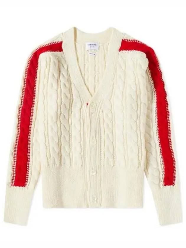 Striped Crew Cable Knit Cardigan White - THOM BROWNE - BALAAN 3