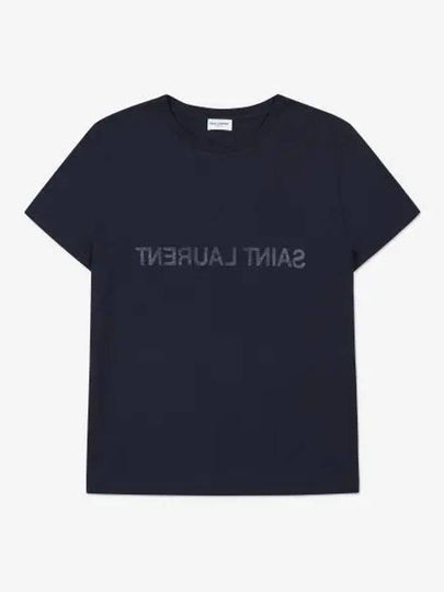 Reverse Logo Print Cotton Short Sleeve T-Shirt Navy - SAINT LAURENT - BALAAN 2