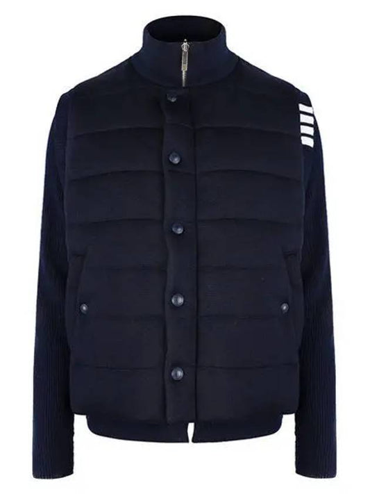 Men's Reversible Padded 4 Bar Funnel Neck Merino Jersey Padding Jacket Navy - THOM BROWNE - BALAAN 2