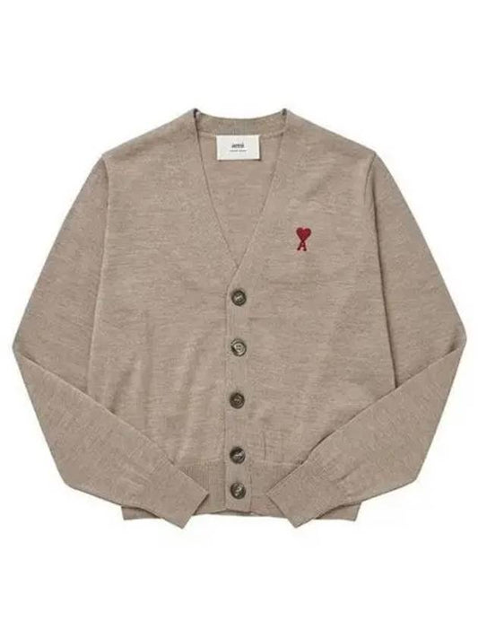 Red Heart Logo Merino Wool Cardigan Beige - AMI - BALAAN 2