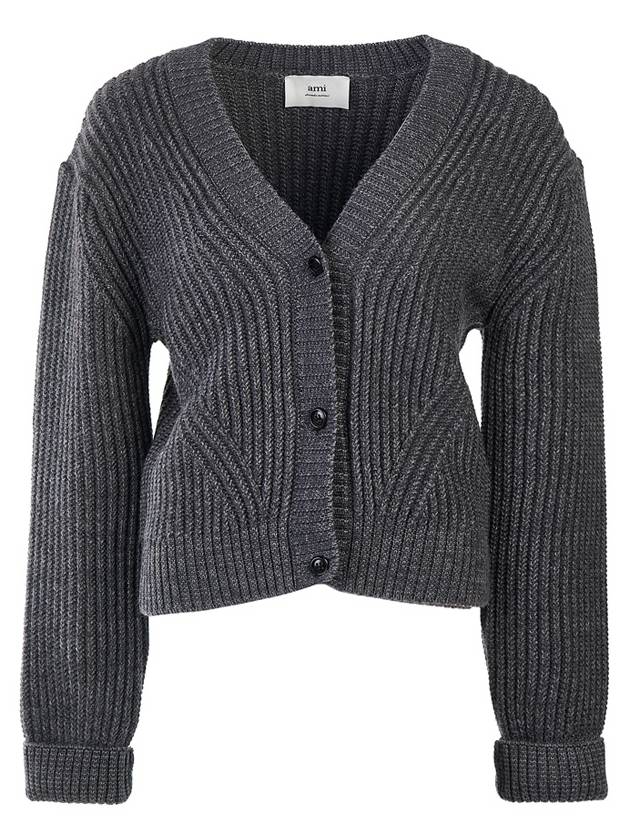 V-neck Ribbed Wool Crop Cardigan Grey - AMI - BALAAN 2