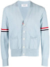 RWB V-neck Striped Virgin Wool Cardigan Blue - THOM BROWNE - BALAAN 1