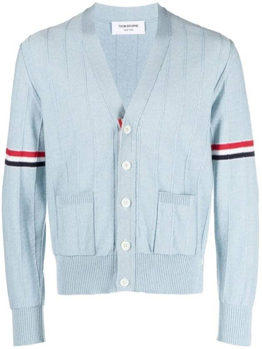 RWB V-neck Striped Virgin Wool Cardigan Blue - THOM BROWNE - BALAAN 1