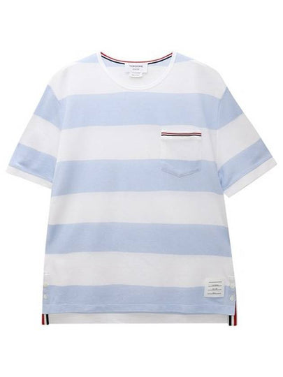 Men's Rugby Striped Pick Pocket Short Sleeve T-Shirt Light Blue White - THOM BROWNE - BALAAN 2