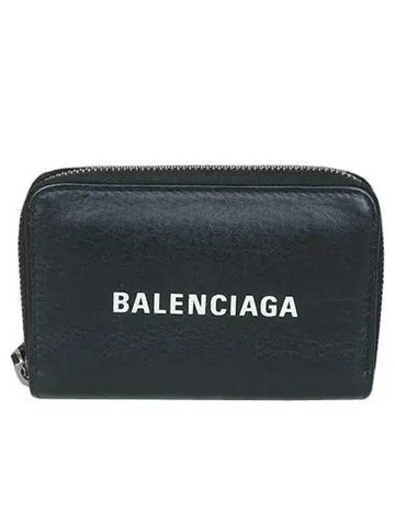 505049 White Logo Black Leather Zipper Card Wallet - BALENCIAGA - BALAAN 1