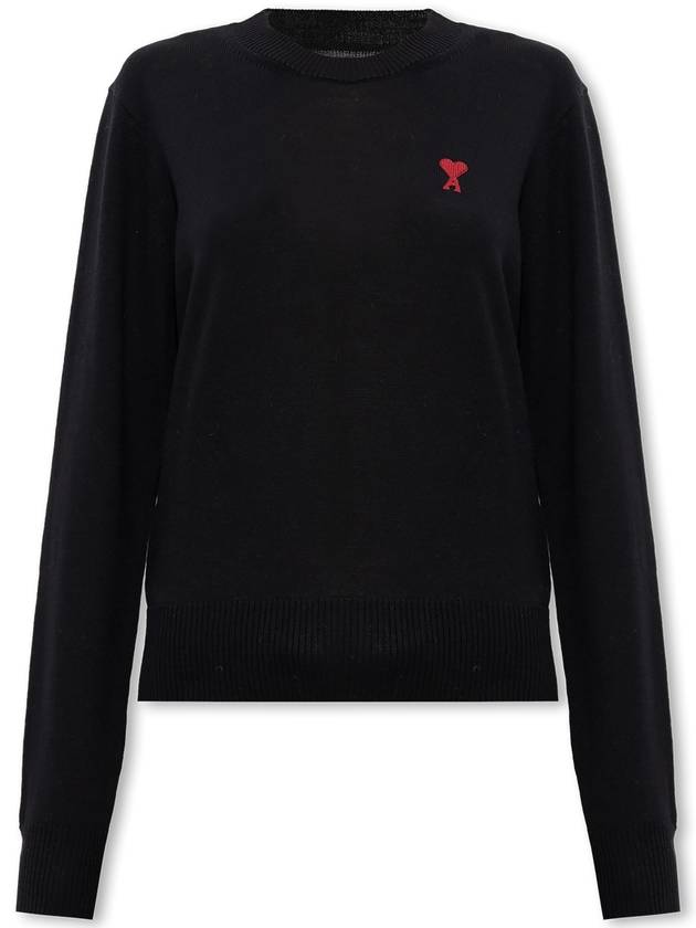 Heart Logo Crew Neck Merino Wool Knit Top Black - AMI - BALAAN 2