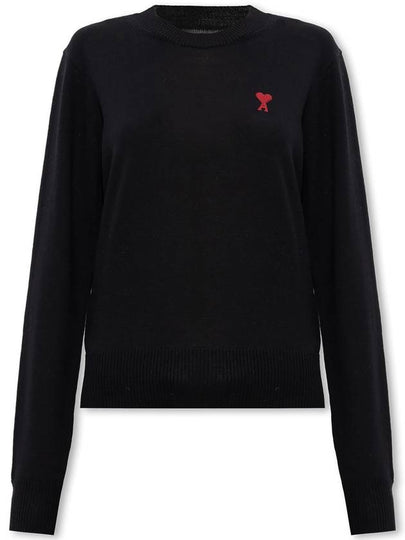 Heart Logo Crew Neck Merino Wool Knit Top Black - AMI - BALAAN 2