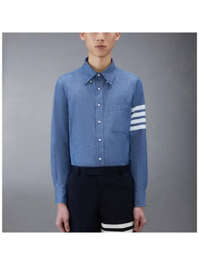 Men's Diagonal Shambray Print Name tag Straight Fit Long Sleeve Shirt Blue - THOM BROWNE - BALAAN 2