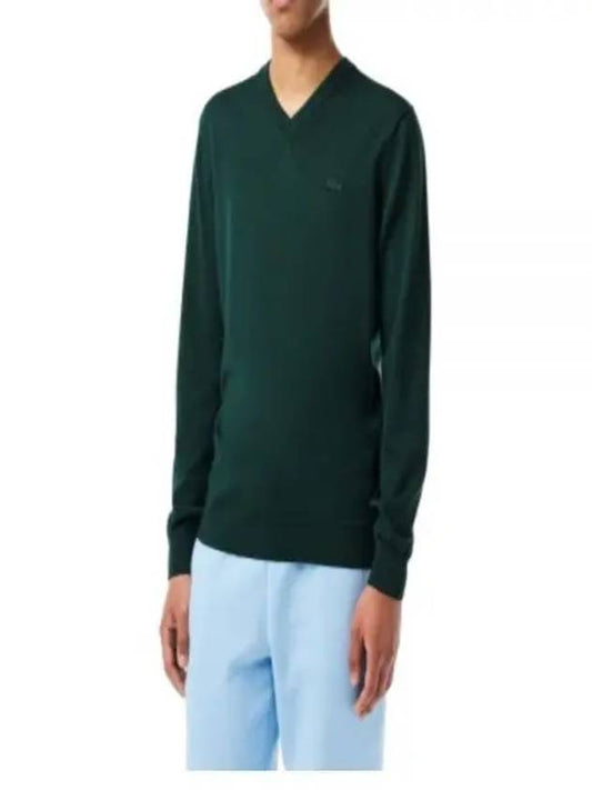 Logo Patch V-neck Merino Wool Knit Top Dark Green - LACOSTE - BALAAN 2