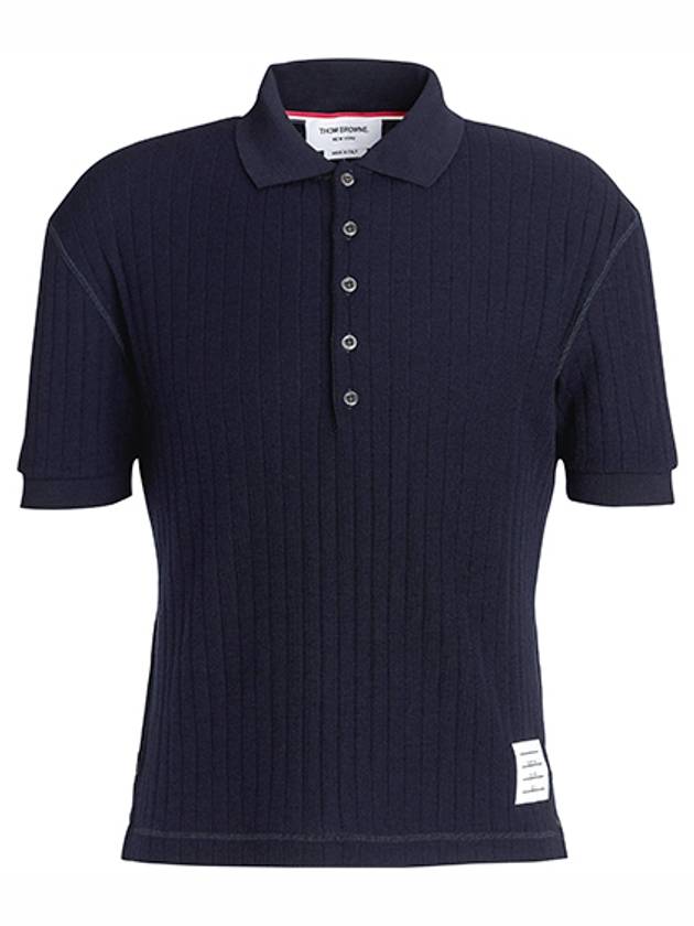 RWB Button Ribbed Polo Wool Knit Top Navy - THOM BROWNE - BALAAN 2