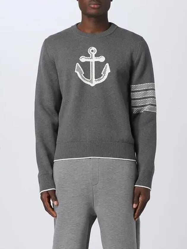 Men's Anchor Jacquard 4-Bar Crew Neck Knit Top Med Grey - THOM BROWNE - BALAAN 5