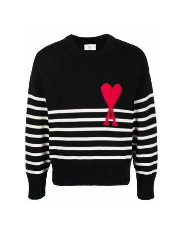 Big Heart Logo Striped Knit Top Black - AMI - BALAAN.