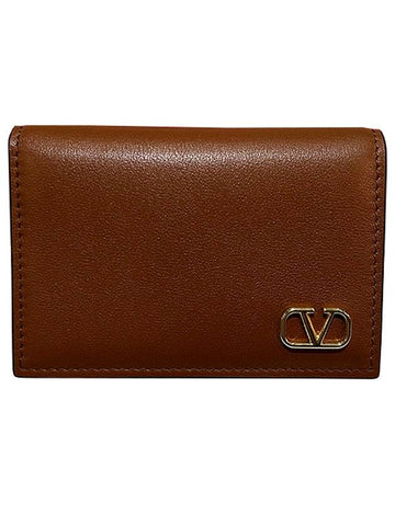 V Logo Signature Card Wallet Brown - VALENTINO - BALAAN 1